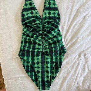 Skatie Green Tie-Dye Ruched One-Piece Swimsuit Size Small